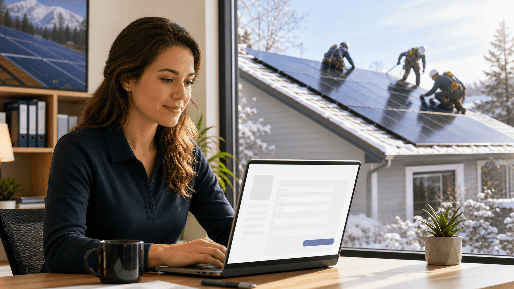 Snow-covered solar panels beside a glowing laptop form, set against a blue winter sky.