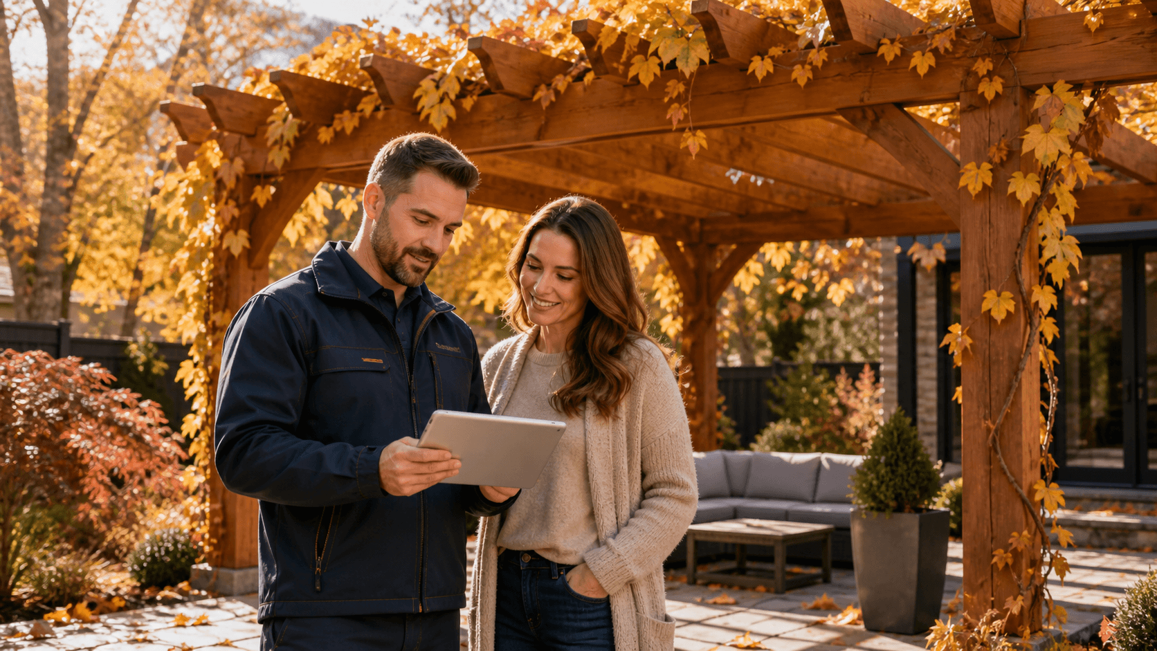 Modern wooden pergola over a patio with autumn trees, warm sunlight, and a cozy outdoor seating area.