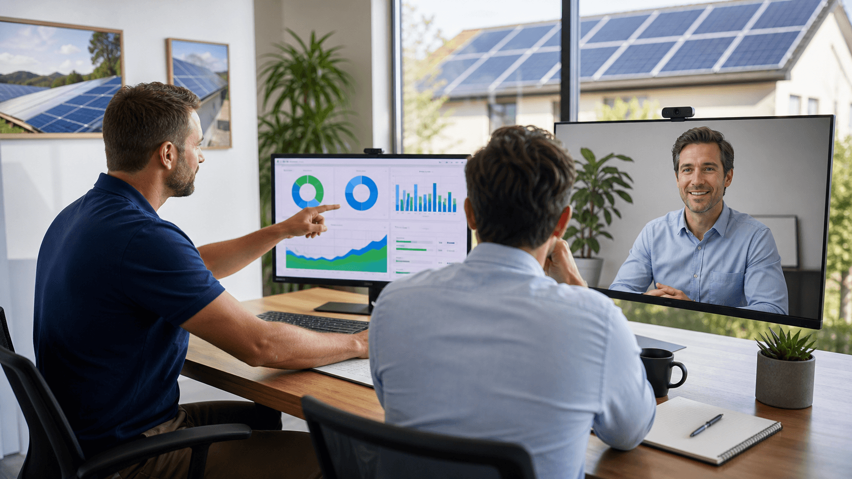 Split-screen solar panels and laptop analytics, contrasting an office team with a remote consultant.