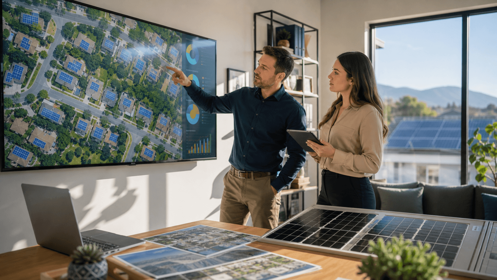 Futuristic solar panels glow beneath a blue AI interface with search icons and digital circuitry.