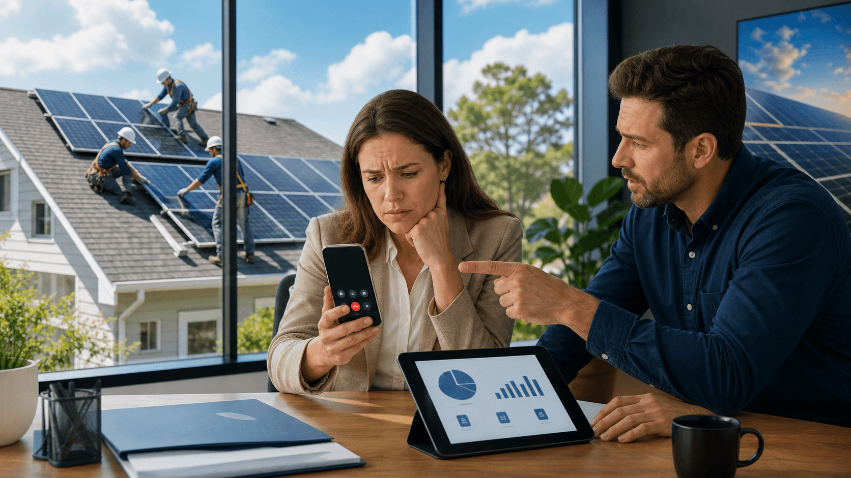 Solar panels beside a smartphone showing a missed call alert against a bright blue sky.