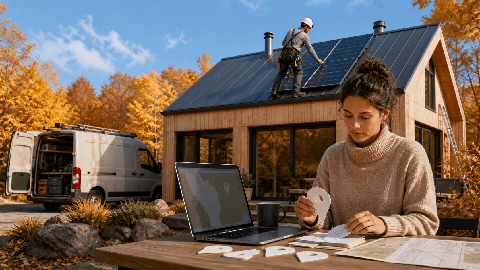 Contractor in a yellow hard hat reviews plans beside a laptop against a snowy blue winter backdrop.