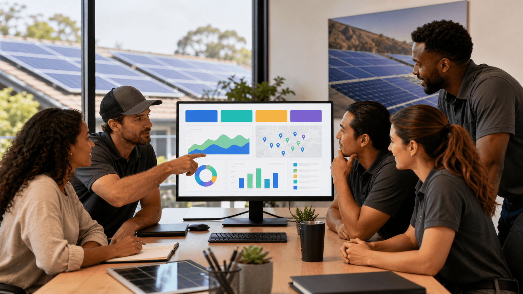 Solar panels beside a laptop showing website analytics, lit by warm sunrise light against a blue sky.